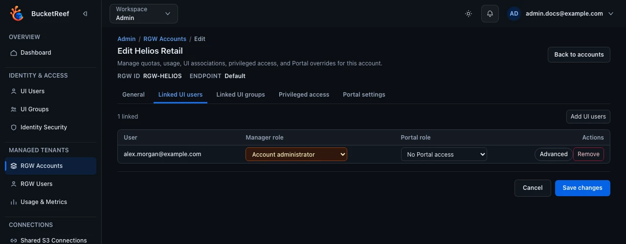 Admin account associations assigning Manager access to a team