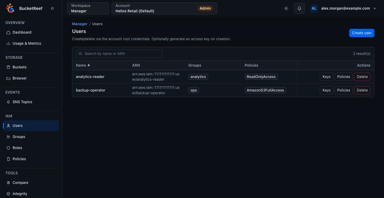 Manager IAM users in the Helios Retail account