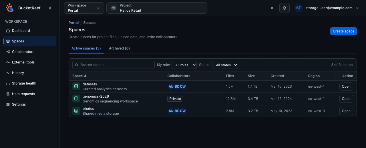 Portal shared storage spaces with file and collaboration actions